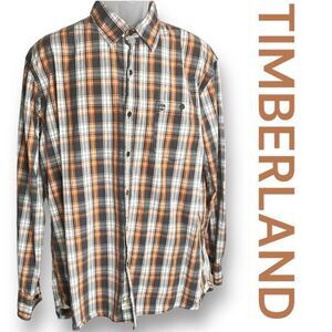 Timberland Shirt Plaid Button Down Men’s Large Brown COTTON Long Sleeve